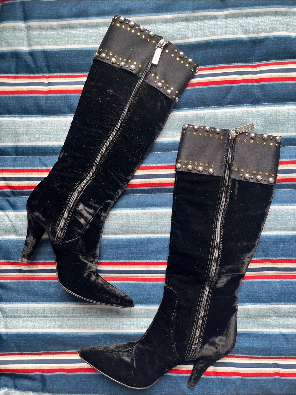 Versace Jeans Couture Studded Black Velvet Knee-High Heeled Boots